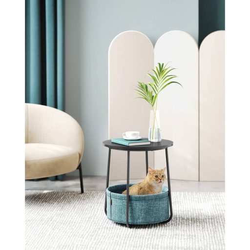 VASAGLE Oldalasztal, Kerek Dohányzóasztal Szövet Kosárral, Tágas, Nappaliba és Hálószobába,