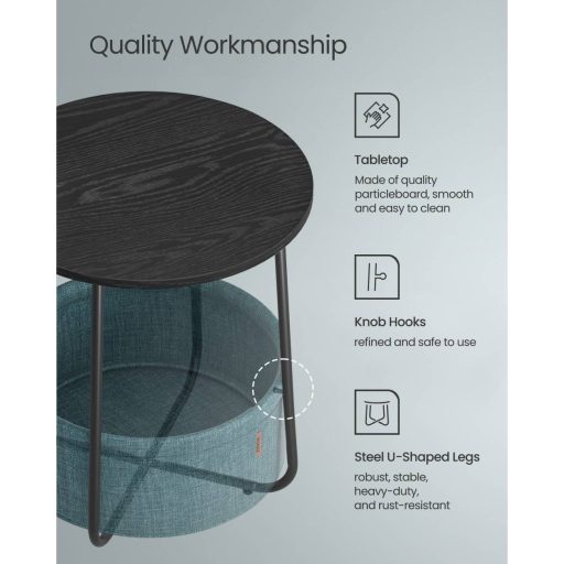 VASAGLE Oldalasztal, Kerek Dohányzóasztal Szövet Kosárral, Tágas, Nappaliba és Hálószobába,