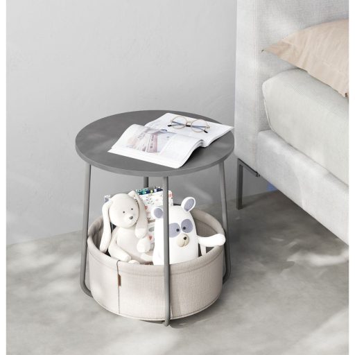 VASAGLE Kis Kerek Dohányzóasztal, Kisasztal Szövet Kosárral, Tárolóval, Nappaliba,