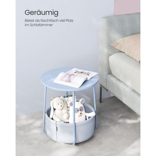 VASAGLE Oldalasztal, Kerek Dohányzóasztal Szövet Kosárral, Tágas, Nappaliba és Hálószobába,