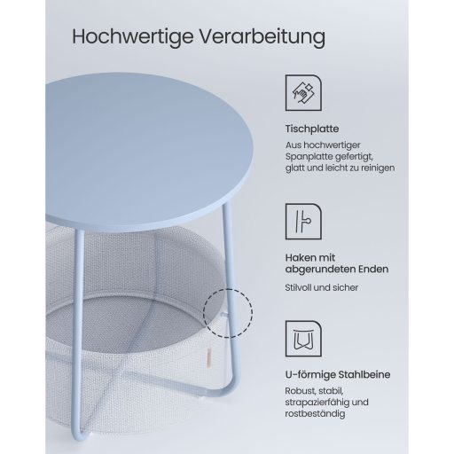 VASAGLE Oldalasztal, Kerek Dohányzóasztal Szövet Kosárral, Tágas, Nappaliba és Hálószobába,