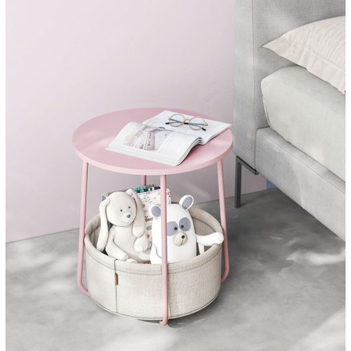 Vasagle Kerek Oldalasztal, Kis Dohányzóasztal, Nappali Asztal Szövet Kosárral, Tárolóhely