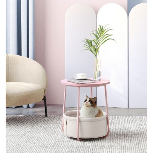 Vasagle Kerek Oldalasztal, Kis Dohányzóasztal, Nappali Asztal Szövet Kosárral, Tárolóhely