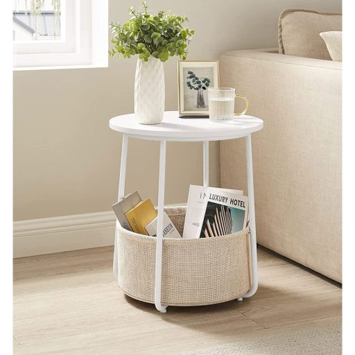 VASAGLE Oldalasztal, Kerek Dohányzóasztal Szövet Kosárral, Tágas, Nappaliba és Hálószobába,