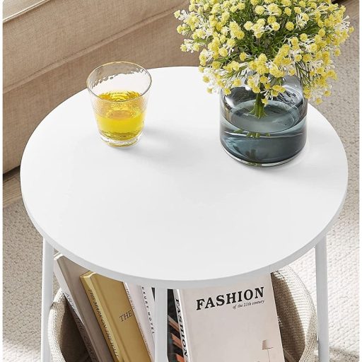 VASAGLE Oldalasztal, Kerek Dohányzóasztal Szövet Kosárral, Tágas, Nappaliba és Hálószobába,