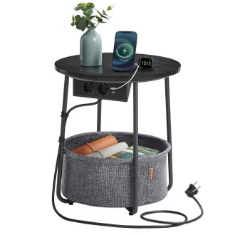 VASAGLE Kerek Oldalasztal Töltőállomással, Kis Asztal Konnektorral, Dohányzóasztal, USB