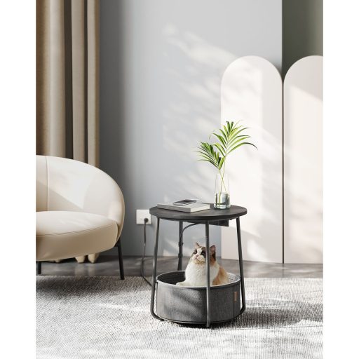 VASAGLE Kerek Oldalasztal Töltőállomással, Kis Asztal Konnektorral, Dohányzóasztal, USB