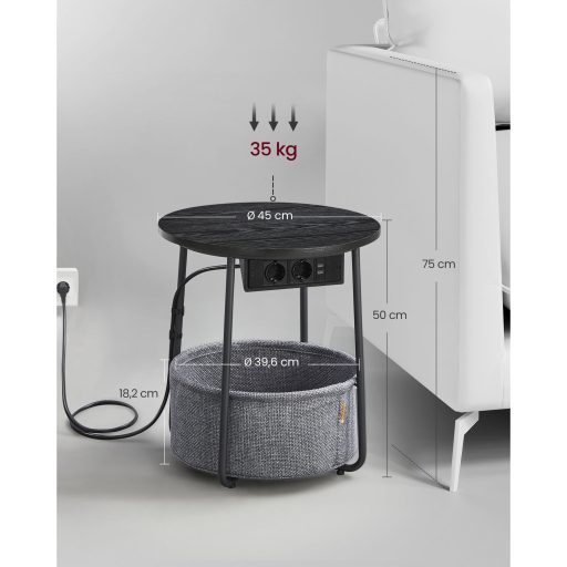 VASAGLE Kerek Oldalasztal Töltőállomással, Kis Asztal Konnektorral, Dohányzóasztal, USB