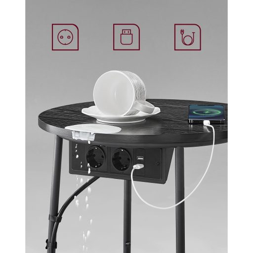 VASAGLE Kerek Oldalasztal Töltőállomással, Kis Asztal Konnektorral, Dohányzóasztal, USB