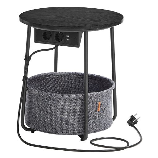 VASAGLE Kerek Oldalasztal Töltőállomással, Kis Asztal Konnektorral, Dohányzóasztal, USB