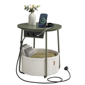 VASAGLE Kerek oldalasztal töltőállomással, kis asztal aljzattal, dohányzóasztal, USB
