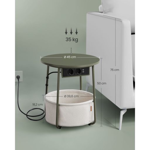 VASAGLE Kerek oldalasztal töltőállomással, kis asztal aljzattal, dohányzóasztal, USB