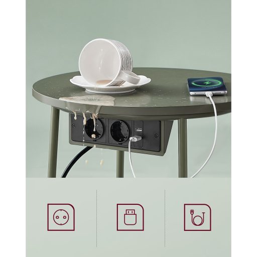 VASAGLE Kerek oldalasztal töltőállomással, kis asztal aljzattal, dohányzóasztal, USB