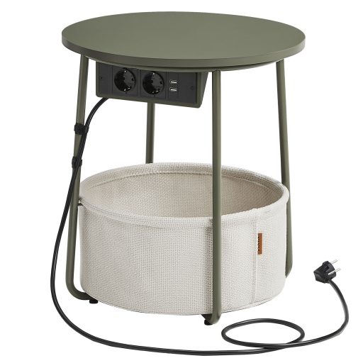 VASAGLE Kerek oldalasztal töltőállomással, kis asztal aljzattal, dohányzóasztal, USB