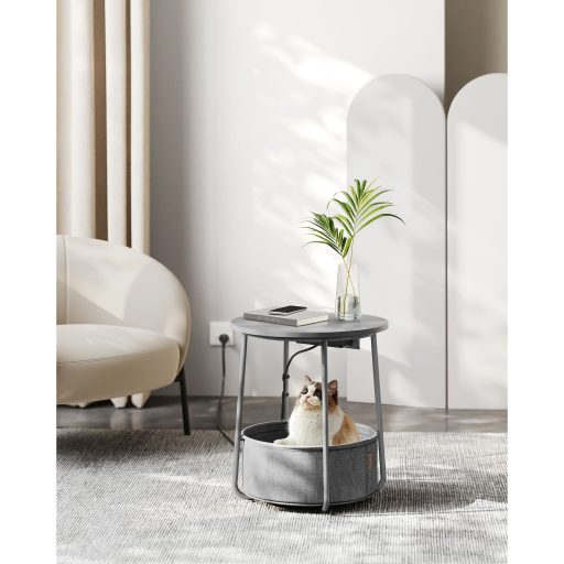 VASAGLE Dohányzóasztal, Kerek Dohányzóasztal Töltőállomással és Szövet Kosárral, Tágas,