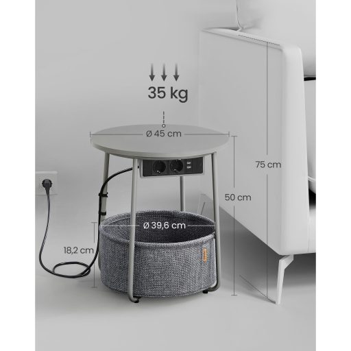 VASAGLE Dohányzóasztal, Kerek Dohányzóasztal Töltőállomással és Szövet Kosárral, Tágas,