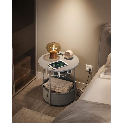 VASAGLE Dohányzóasztal, Kerek Dohányzóasztal Töltőállomással és Szövet Kosárral, Tágas,