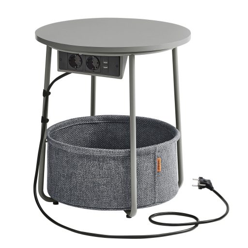 VASAGLE Dohányzóasztal, Kerek Dohányzóasztal Töltőállomással és Szövet Kosárral, Tágas,