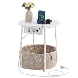 VASAGLE Kis Kerek Dohányzóasztal, Oldalasztal Szövet Kosárral és Hálózati Csatlakozóval,