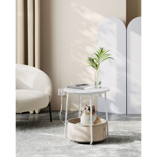 VASAGLE Kis Kerek Dohányzóasztal, Oldalasztal Szövet Kosárral és Hálózati Csatlakozóval,