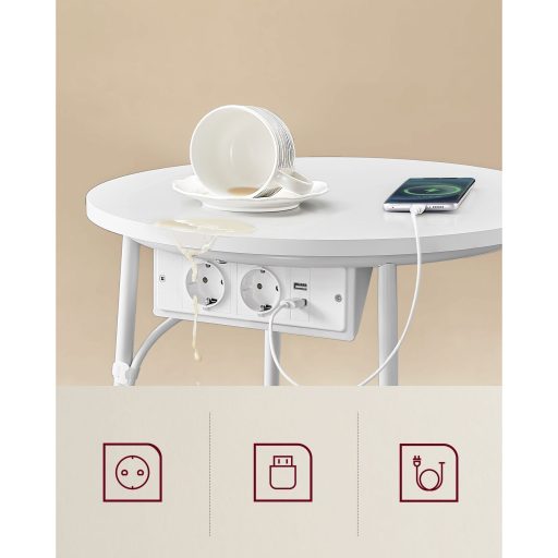 VASAGLE Kis Kerek Dohányzóasztal, Oldalasztal Szövet Kosárral és Hálózati Csatlakozóval,