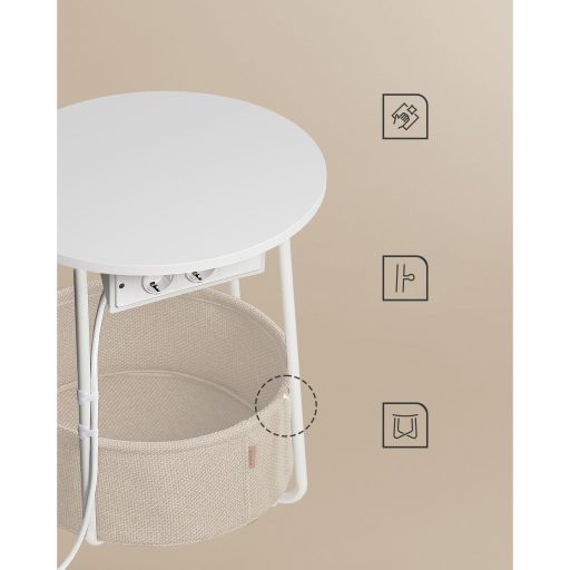 VASAGLE Kis Kerek Dohányzóasztal, Oldalasztal Szövet Kosárral és Hálózati Csatlakozóval,