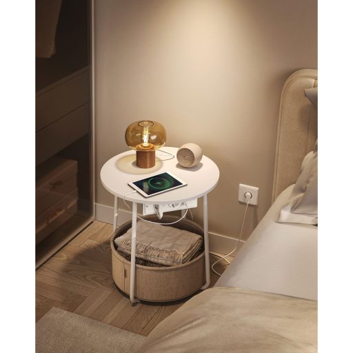 VASAGLE Kis Kerek Dohányzóasztal, Oldalasztal Szövet Kosárral és Hálózati Csatlakozóval,