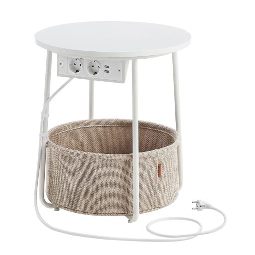 VASAGLE Kis Kerek Dohányzóasztal, Oldalasztal Szövet Kosárral és Hálózati Csatlakozóval,