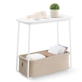 VASAGLE Kis Kerek Oldalsó Asztal, Modern Éjjeliszekrény Szövet Kosárral, Matt Fehér és