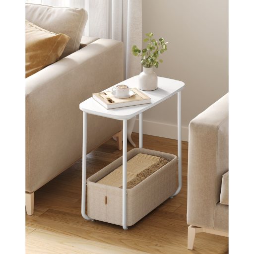 VASAGLE Kis Kerek Oldalsó Asztal, Modern Éjjeliszekrény Szövet Kosárral, Matt Fehér és