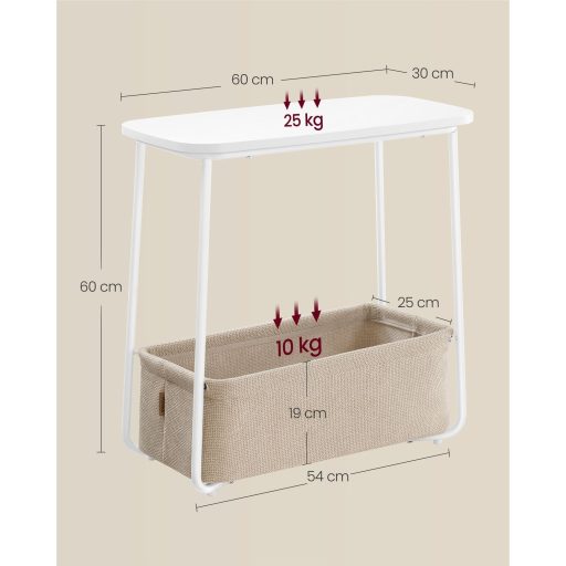 VASAGLE Kis Kerek Oldalsó Asztal, Modern Éjjeliszekrény Szövet Kosárral, Matt Fehér és