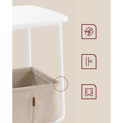 VASAGLE Kis Kerek Oldalsó Asztal, Modern Éjjeliszekrény Szövet Kosárral, Matt Fehér és