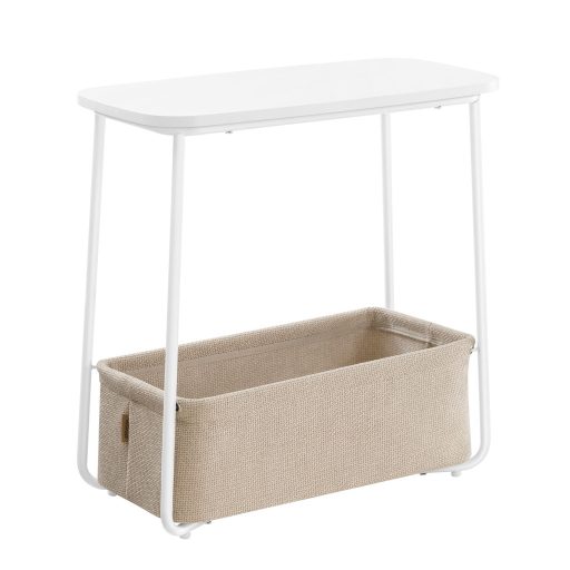 VASAGLE Kis Kerek Oldalsó Asztal, Modern Éjjeliszekrény Szövet Kosárral, Matt Fehér és