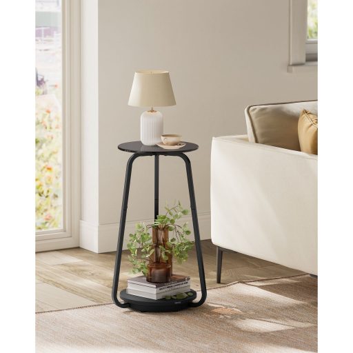 VASAGLE kerek oldalasztal, 2 szintes éjjeliszekrény, üvegtetős és forgácslap polcos