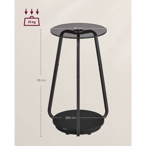 VASAGLE kerek oldalasztal, 2 szintes éjjeliszekrény, üvegtetős és forgácslap polcos