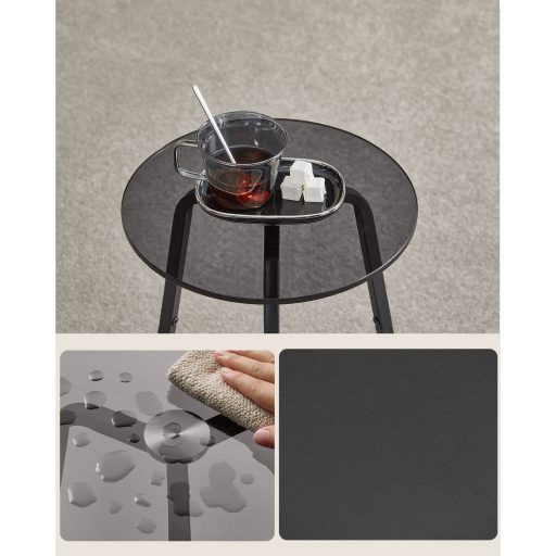 VASAGLE kerek oldalasztal, 2 szintes éjjeliszekrény, üvegtetős és forgácslap polcos