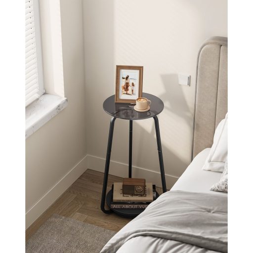 VASAGLE kerek oldalasztal, 2 szintes éjjeliszekrény, üvegtetős és forgácslap polcos