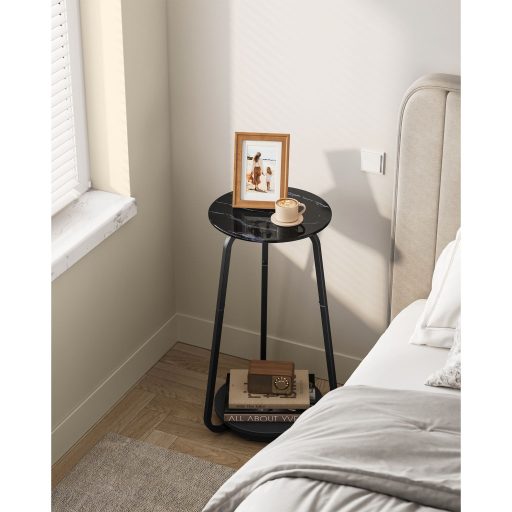 VASAGLE Kerek Oldalsó Asztal, 2 Szintes Éjjeliszekrény, Üveg Tetővel és Forgácslap Polccal,