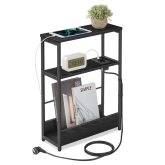 VASAGLE Oldalsó Asztal Beépített Konnektorral, Keskeny 3 Szintes Oldalsó Asztal, Kis Helyekre