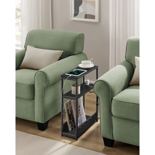 VASAGLE Oldalsó Asztal Beépített Konnektorral, Keskeny 3 Szintes Oldalsó Asztal, Kis Helyekre