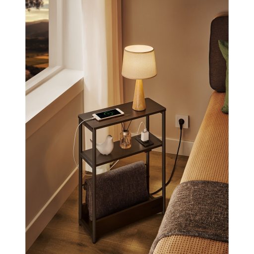 VASAGLE Oldalsó Asztal Beépített Konnektorral, Keskeny 3 Szintes Oldalsó Asztal, Kis Helyekre