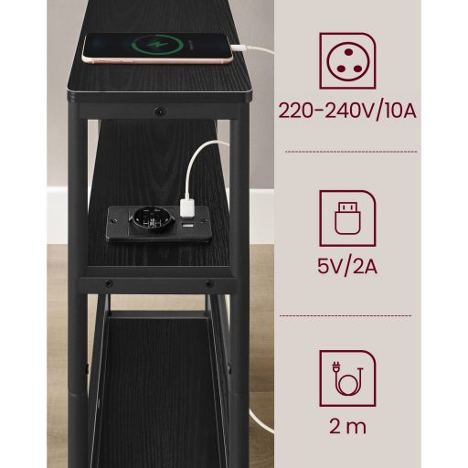 VASAGLE Oldalsó Asztal Beépített Konnektorral, Keskeny 3 Szintes Oldalsó Asztal, Kis Helyekre