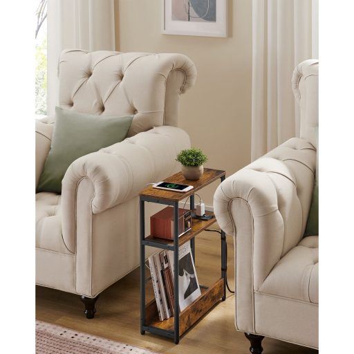 VASAGLE Keskeny Oldalasztal Beépített Konnektorral, 3 Szintes Éjjeliszekrény, Végasztal Kis