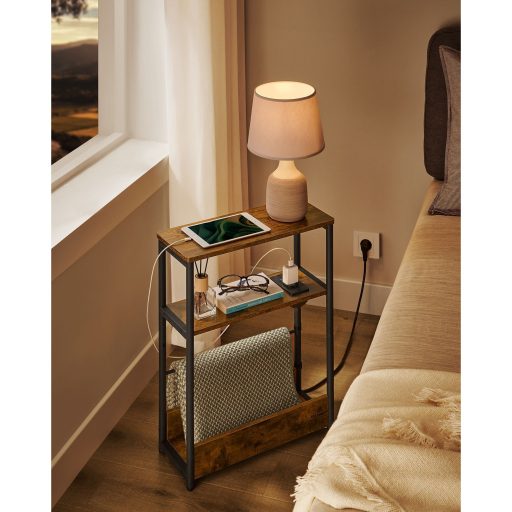 VASAGLE Keskeny Oldalasztal Beépített Konnektorral, 3 Szintes Éjjeliszekrény, Végasztal Kis