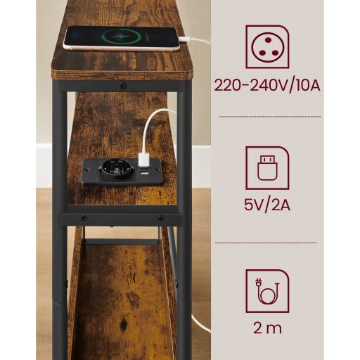 VASAGLE Keskeny Oldalasztal Beépített Konnektorral, 3 Szintes Éjjeliszekrény, Végasztal Kis