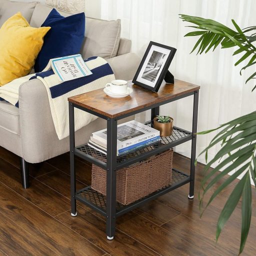 VASAGLE Oldalasztal, Dohányzóasztal, Dekoratív Asztal 2 Hálós Polccal, Előszoba, Nappali,