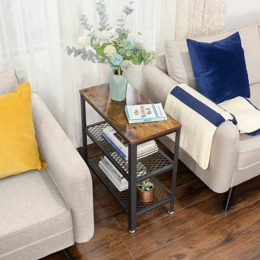 VASAGLE Oldalasztal, Dohányzóasztal, Dekoratív Asztal 2 Hálós Polccal, Előszoba, Nappali,