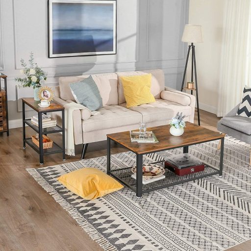 VASAGLE Oldalasztal, Dohányzóasztal, Dekoratív Asztal 2 Hálós Polccal, Előszoba, Nappali,