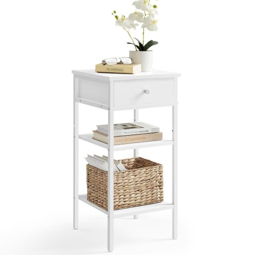 VASAGLE Éjjeliszekrény, Végasztal, Magas Éjjeliszekrény Fiókkal és 2 Tárolópolccal,