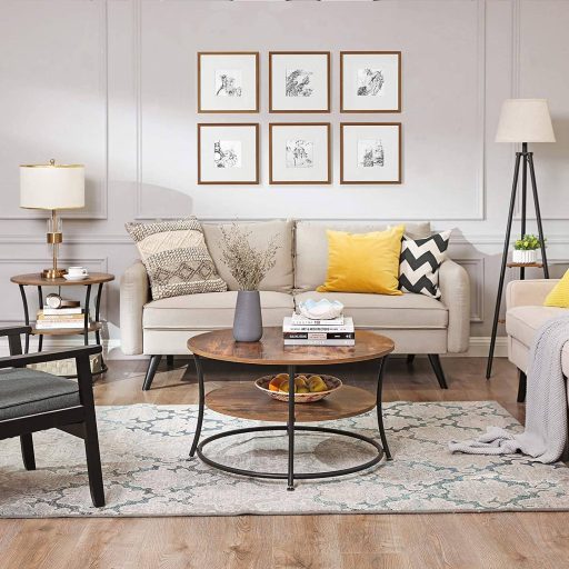 VASAGLE Kerek Oldalasztal, 2 Polcos Végasztal, Nappali, Hálószoba, Könnyű Összeszerelés,